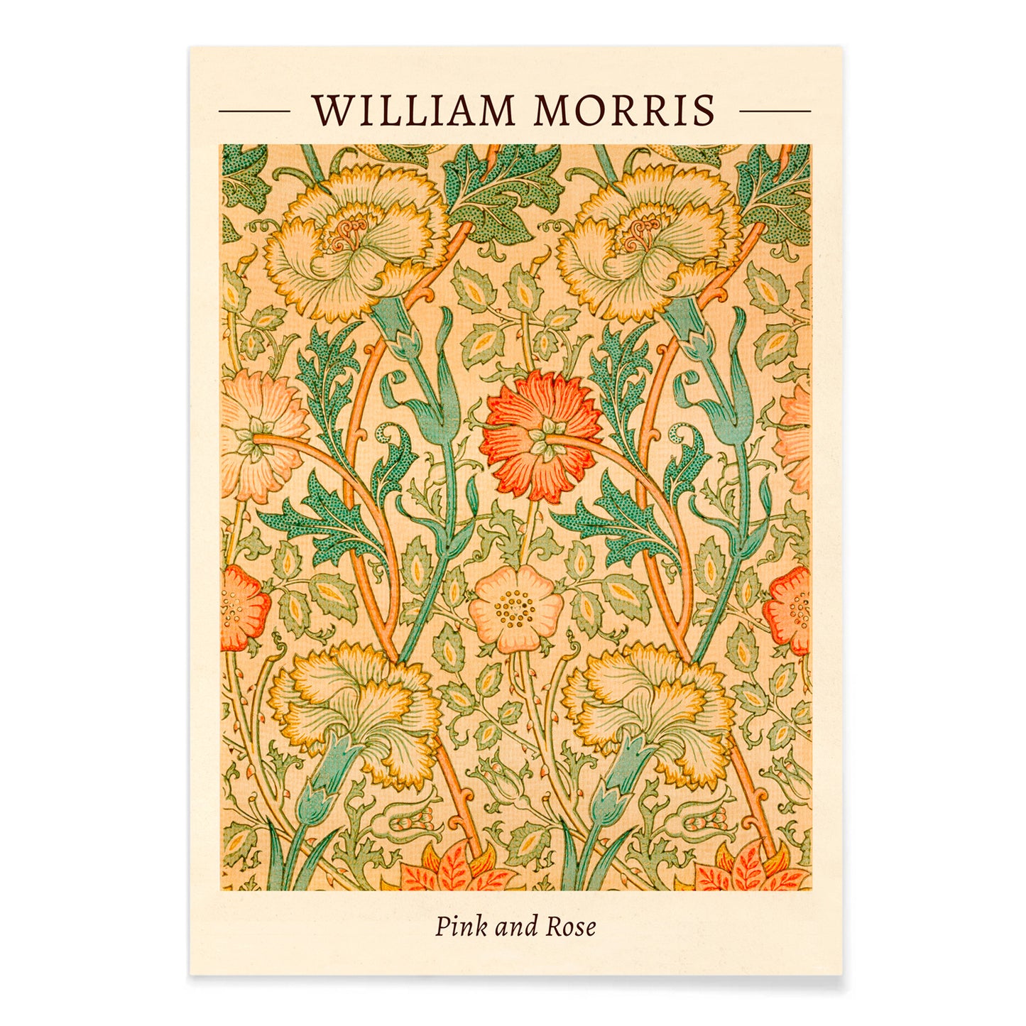 Floral pattern artwork Pink and Rose by William Morris with intricate botanical design decorative leaves and detailed flowers poster, with black aluminium frame on white background
