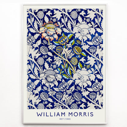 Closeup detail of Floral fabric pattern and watercolour poster with intricate blue and white design by William Morris Wey