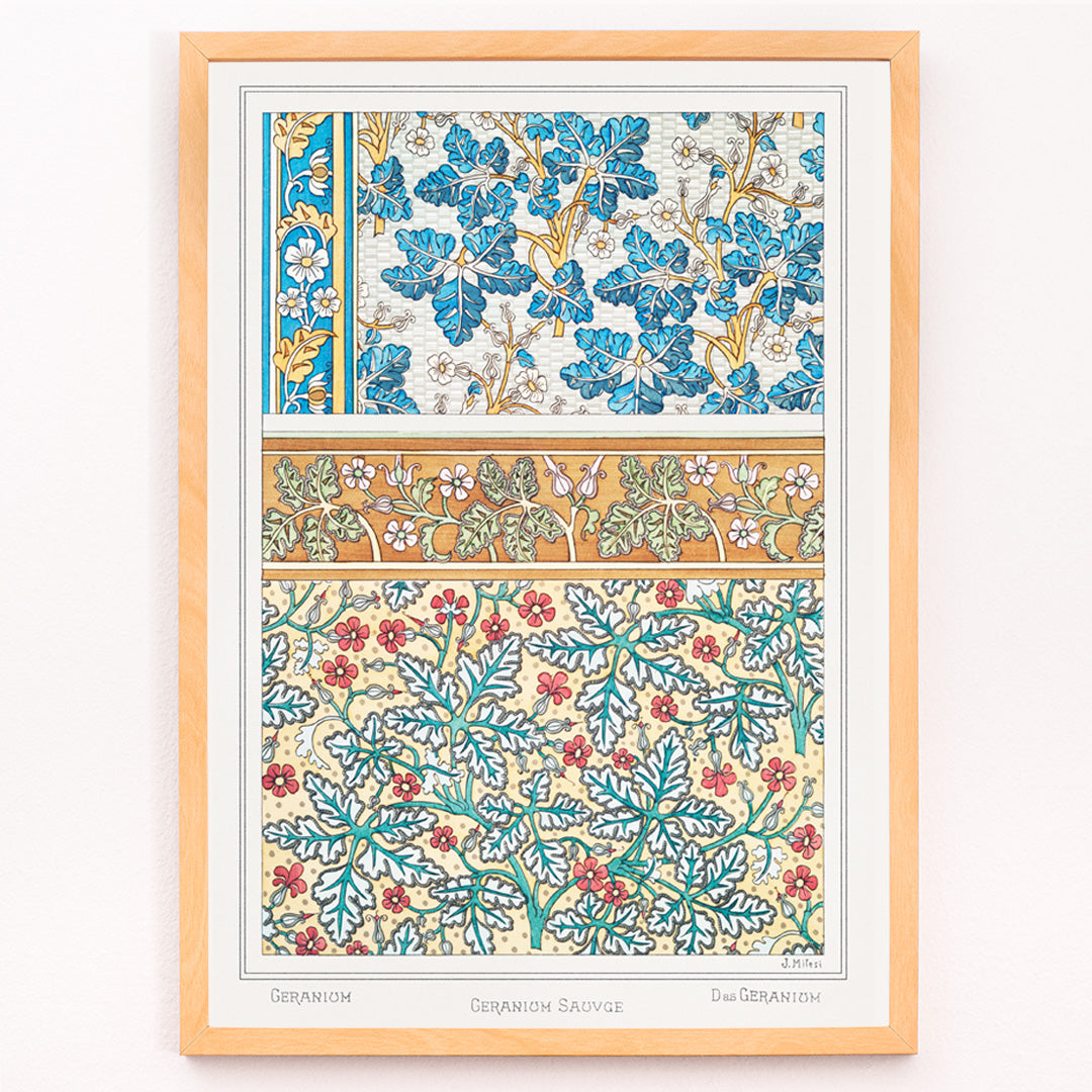 Closeup detail of Decorative wild geranium botanical artwork and floral pattern poster by Maurice Pillard Verneuil from La Plante et ses Applications ornementales