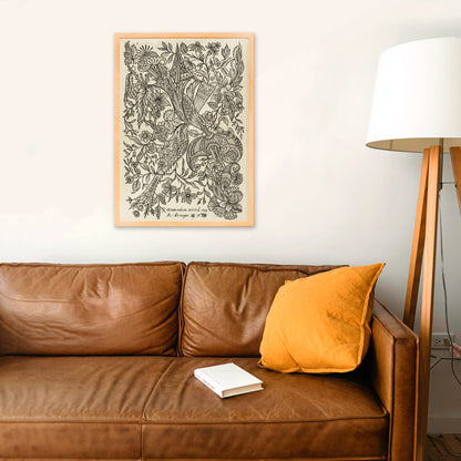 Intricate black and white floral textile pattern artwork poster by Alexander Senegat, framed and displayed in home decor