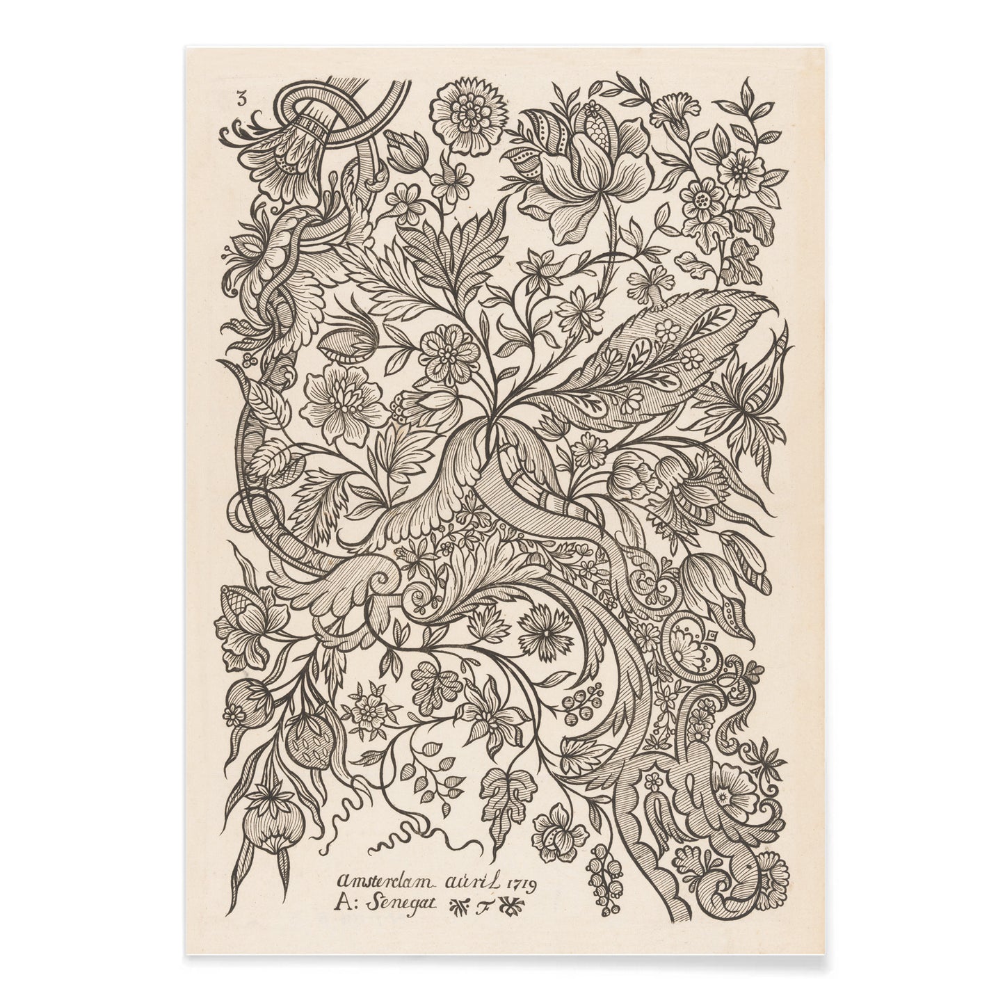 Floral textile pattern and botanical line art poster with intricate flowers by Alexander Senegat Design for textiles Flowers, with black aluminium frame on white background