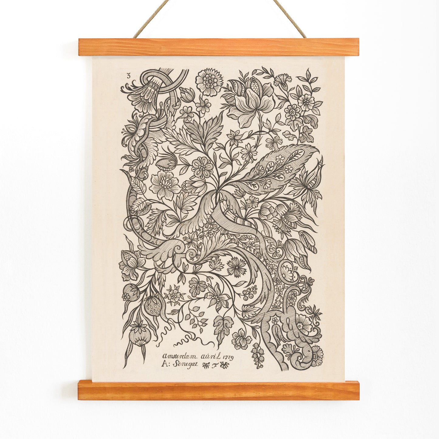 Floral textile pattern and botanical line art poster with intricate flowers by Alexander Senegat Design for textiles Flowers, with wooden magnetic frame on white background