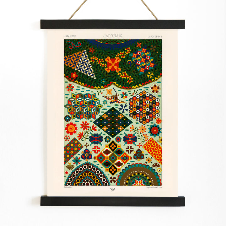 Colorful Japanese pattern artwork by Albert Racinet from Lornement Polychrome featuring intricate geometric and floral designs poster, with wooden magnetic frame on white background