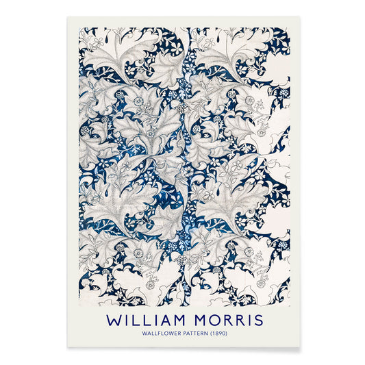 Wallflower Pattern by William Morris featuring intricate blue and white floral botanical design with decorative leaves artwork poster, with black aluminium frame on white background