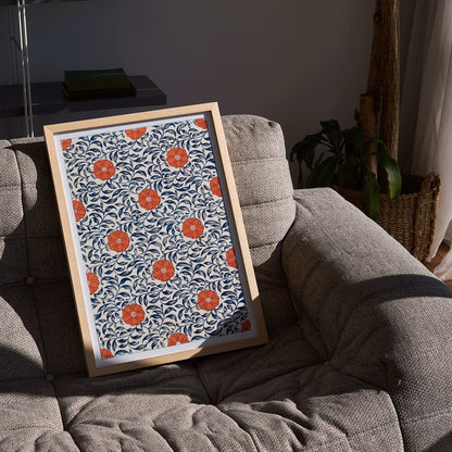Floral pattern artwork by Owen Jones titled Flower pattern Examples of Chinese Ornament featuring red flowers and blue leaves, framed and displayed in modern living room decor