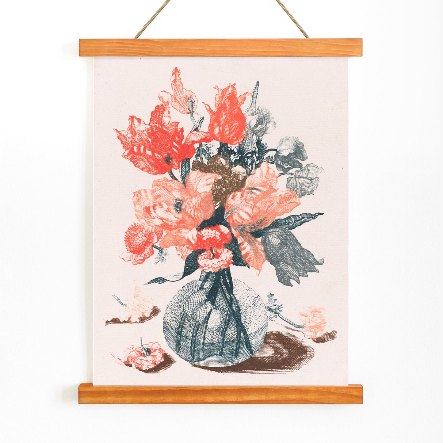 Colorful vibrant floral arrangement in a glass vase artwork and poster by Jean Baptiste Monnoyer from Five Prints of Flowers in Glass Vases, with wooden magnetic frame on white background