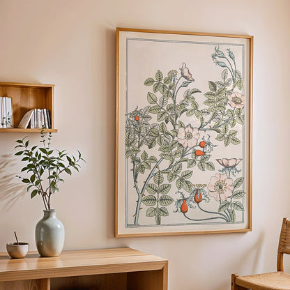 Floral poster of roses and leaves by Maurice Pillard Verneuil titled Eglantier with intricate pastel patterns, framed and displayed in home decor