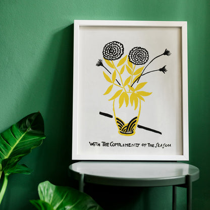 Yellow and black floral arrangement illustration and abstract flower poster in a vase with text With the Compliments of the Season by Henry Lyman Sayen, framed and displayed in home decor