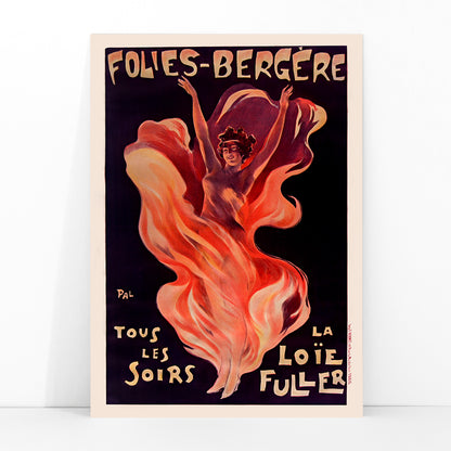 Folies-Bergere La Loie Fuller by Pal vibrant poster artwork featuring a dancing woman with flowing and swirling colorful fabric, framed and displayed in modern living room decor