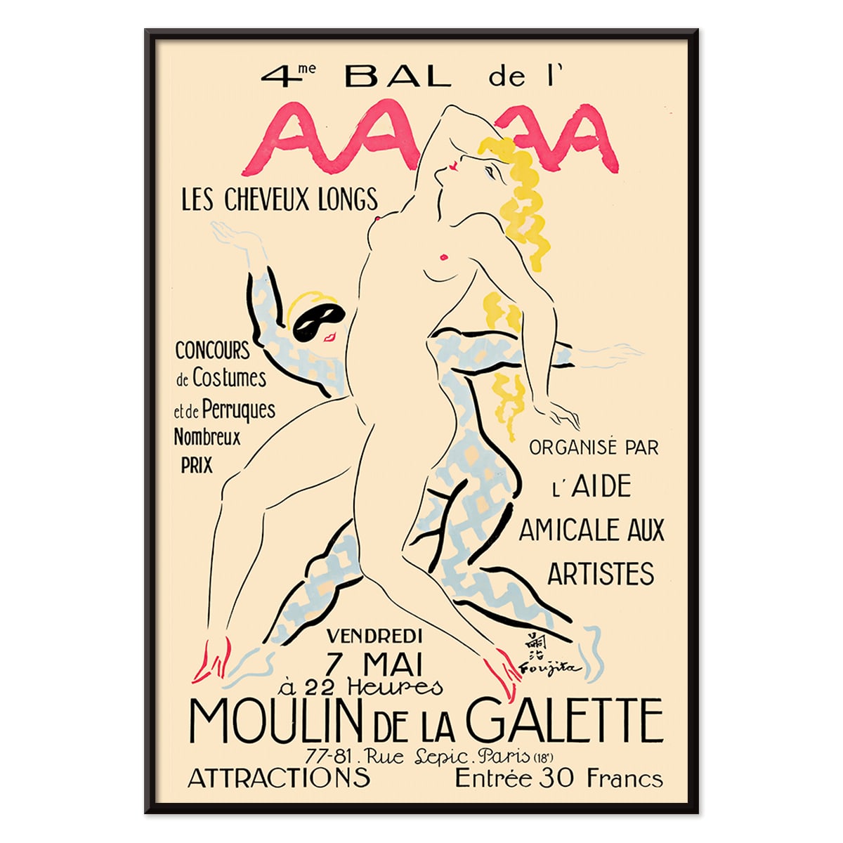 Artistic poster 4eme Bal de lAAAA by Foujita featuring dancers and two women in bold colors and elegant poses, with black aluminium frame on white background