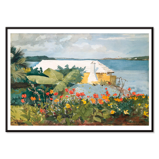 Vibrant tropical flower garden and bungalow by the sea artwork Flower Garden and Bungalow Bermuda by Winslow Homer poster, with black aluminium frame on white background