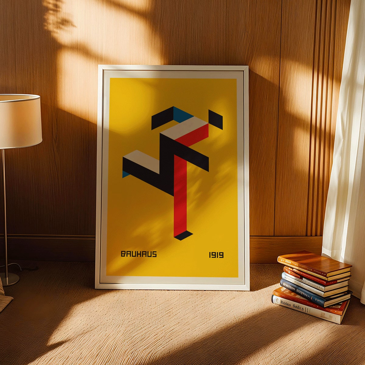 Geometric abstract art poster with red black white and blue shapes on yellow background by Bauhaus titled Bauhaus 20, framed and displayed in home decor