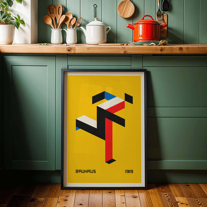 Geometric abstract art poster with red black white and blue shapes on yellow background by Bauhaus titled Bauhaus 20, framed and displayed in modern living room decor