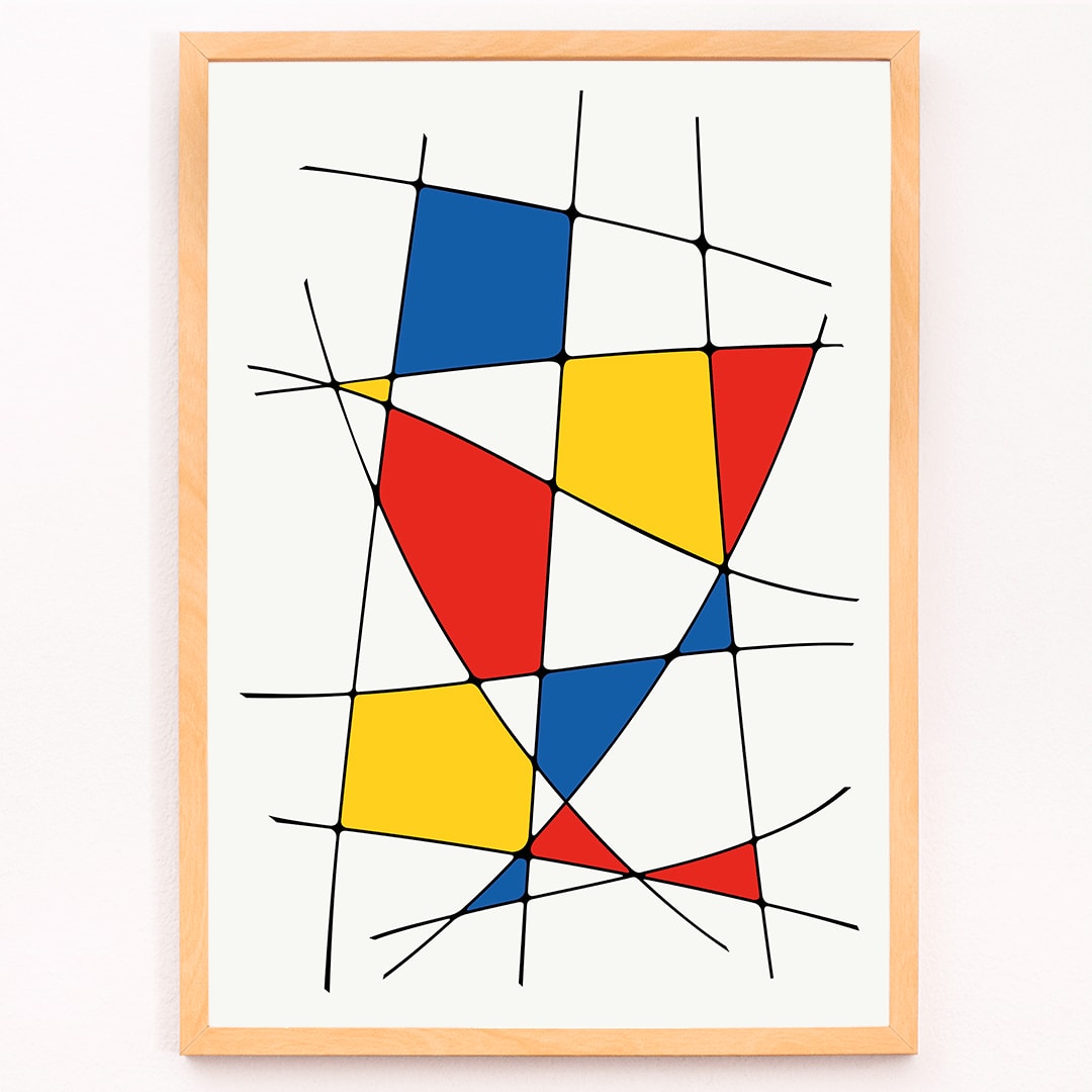 Abstract art painting and poster titled Geometric Lines and colors 1 featuring intersecting black lines with red yellow and blue colorful shapes, framed and displayed in modern living room decor