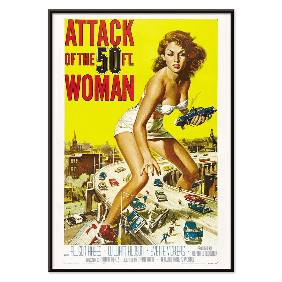 Giant woman towering over city and highway holding cars Attack of the 50ft Woman poster artwork by Reynold Brown, with black aluminium frame on white background