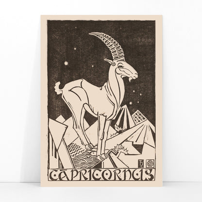 Capricorn zodiac sign illustration and poster featuring a stylized goat under stars in an abstract landscape artwork titled Capricornus by Henri van der Stok, framed and displayed in modern living room decor