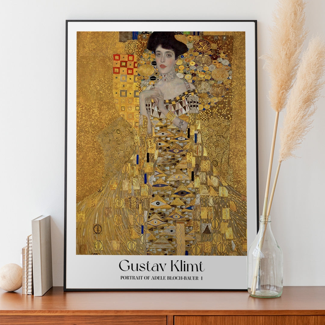 Elegant woman in golden dress with intricate patterns Portrait of Adele Bloch-Bauer I by Gustav Klimt gold tones wall decor poster, framed and displayed in home decor