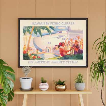 Vintage travel poster of Pan American Airways seaplane in Hawaii with people greeting each other with leis and Hawaiian welcome scene, framed and displayed in home decor