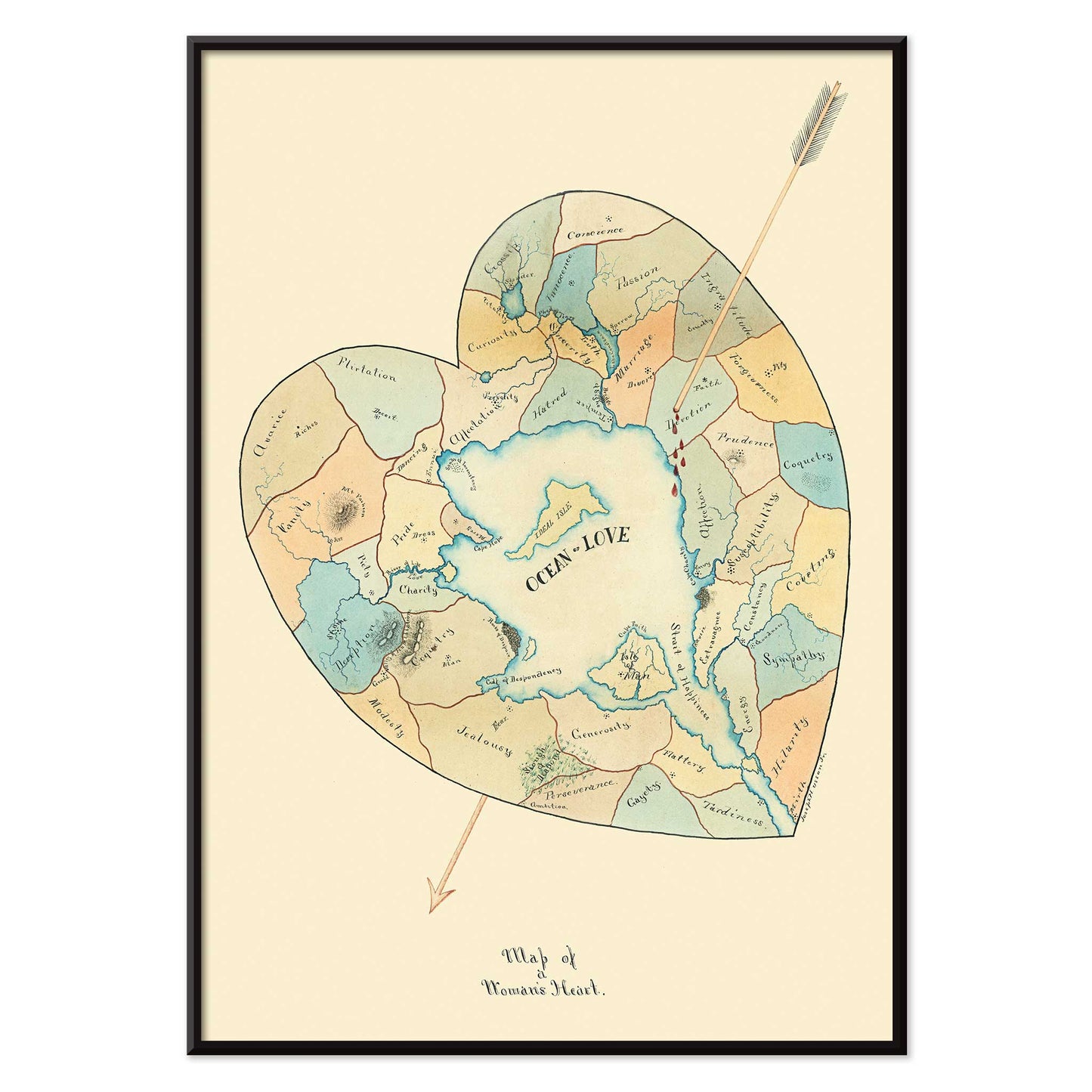 Joseph Husson Map of a Womans Heart 2 poster featuring a heart shaped map with an arrow, soft pastel blue and beige details, vintage style, with black aluminium frame on white background