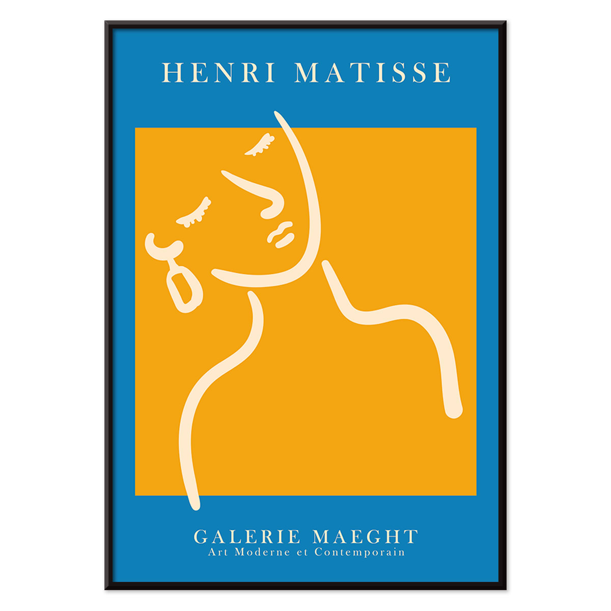 Henri Matisse poster of abstract girl with earring in orange and blue from Galerie Maeght artwork, with black aluminium frame on white background