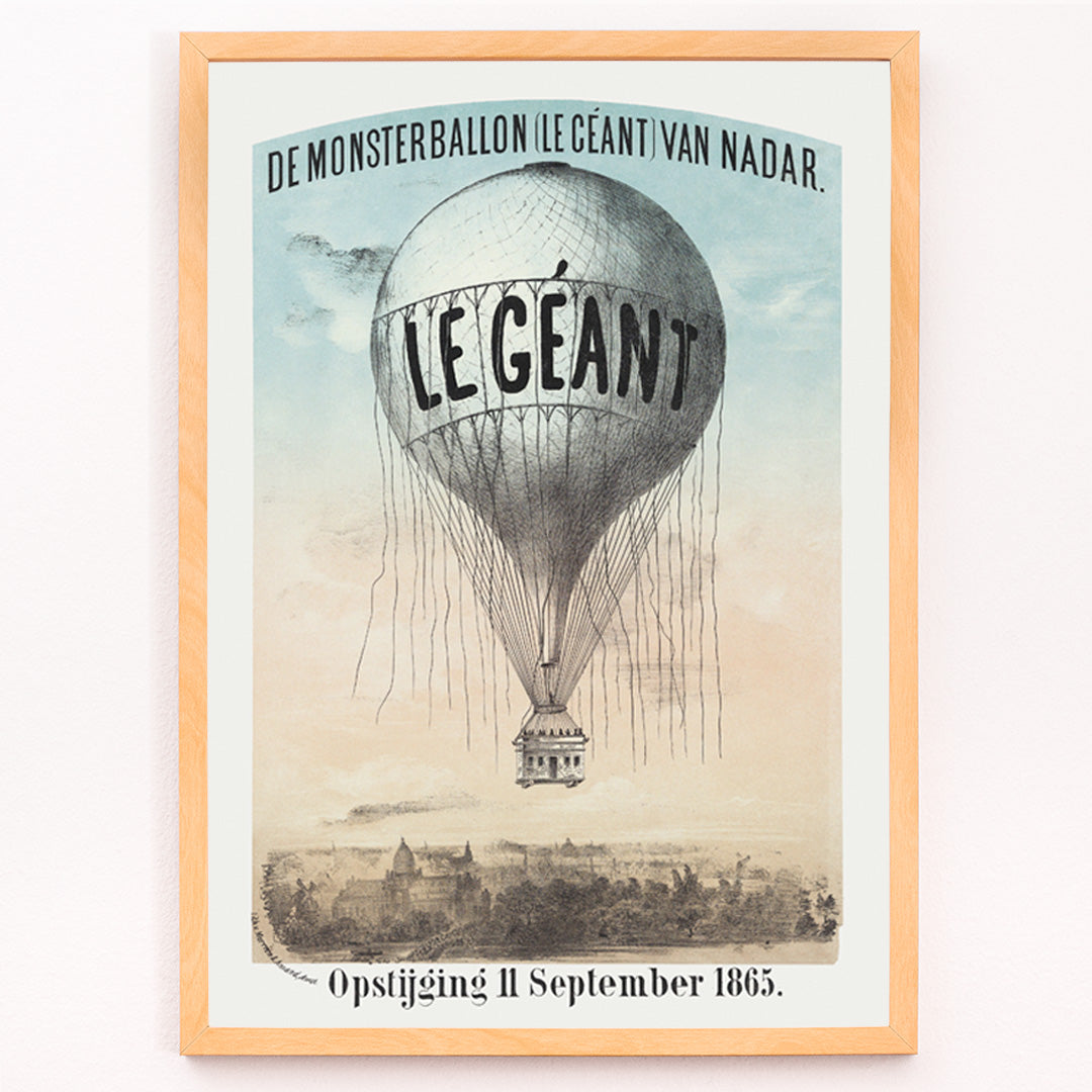 Closeup detail of Hot air balloon Le Géant by Nadar Morriën and Amand flying above a cityscape poster titled The Monster Balloon
