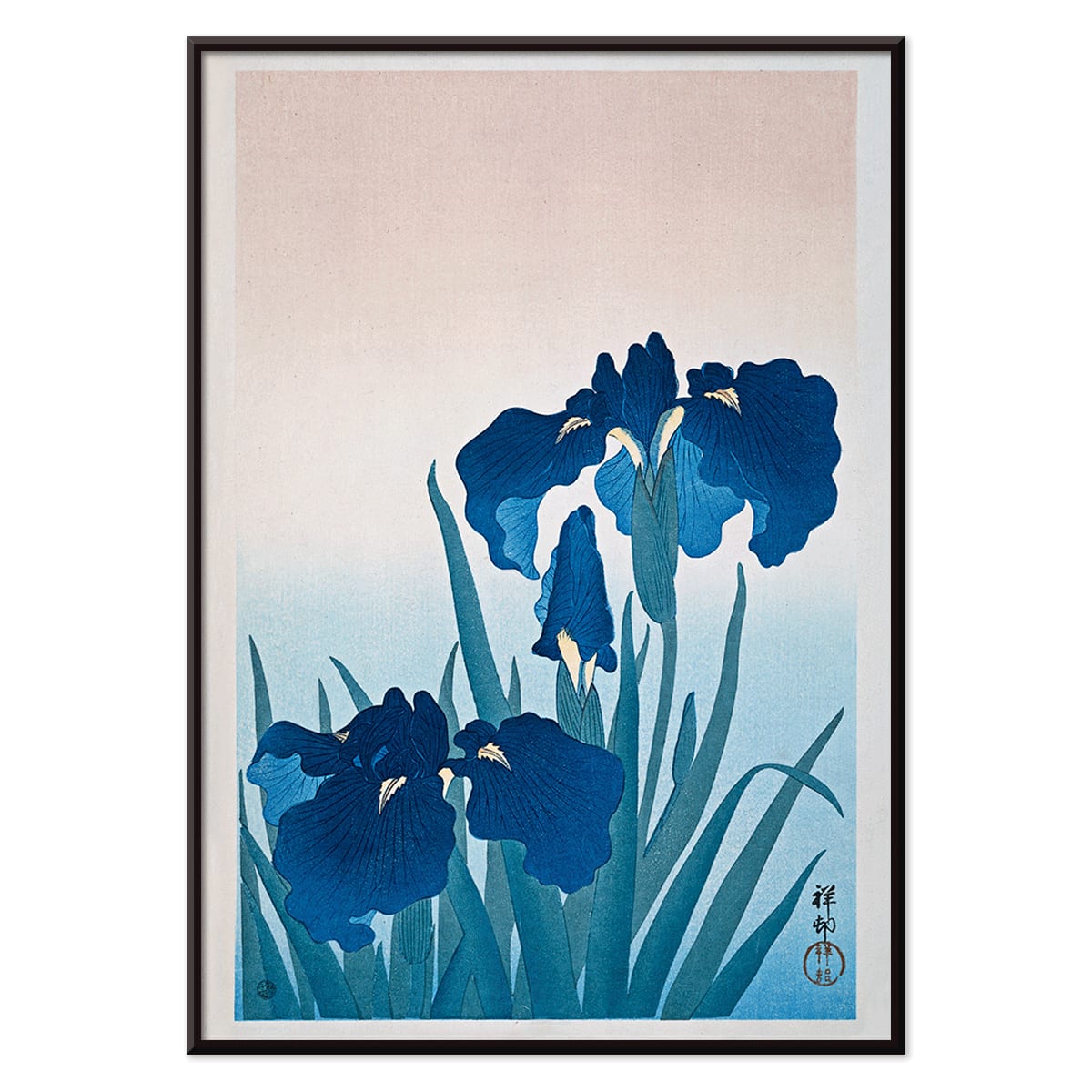 Poster of vibrant blue irises with green leaves on a gradient background artwork Blue Irises by Ohara Koson, with black aluminium frame on white background