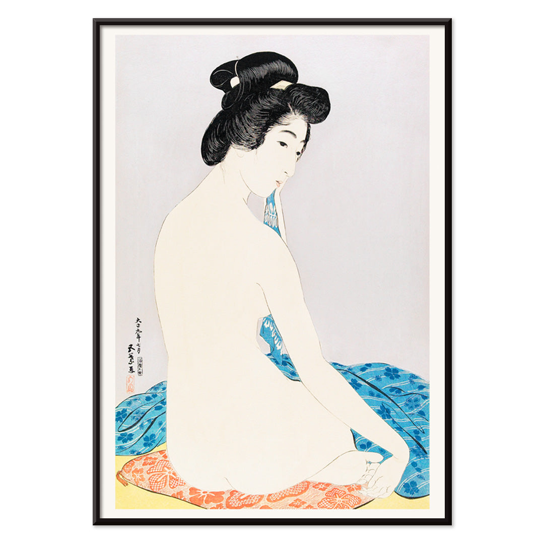 Japanese woman sitting with towel and nude woman on colorful fabrics in Woman After a Bath by Goyo Hashiguchi poster, with black aluminium frame on white background