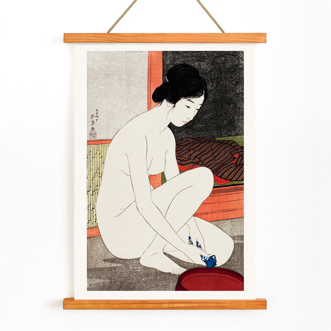 Japanese woman bathing in traditional interior from Yokugo no onna by Goyo Hashiguchi Japanese art poster, with wooden magnetic frame on white background