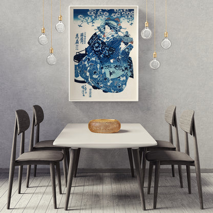 Japanese women in traditional kimono with floral patterns and blossom trees ukiyo-e style artwork by Utagawa Kuniyoshi, framed and displayed in home decor