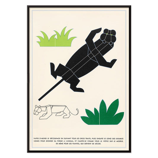 Geometric animal illustrations and poster with plants and geometric shapes forming jungle animals in La Jungle chez moi Pl 04 by Turenne Chevallereau, with black aluminium frame on white background