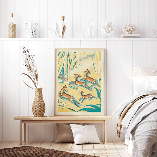 Gazelles in a colorful jungle scene A Jungle Picnic Pl.01 Gazelle by Clifford Webb illustration and poster, framed and displayed in home decor