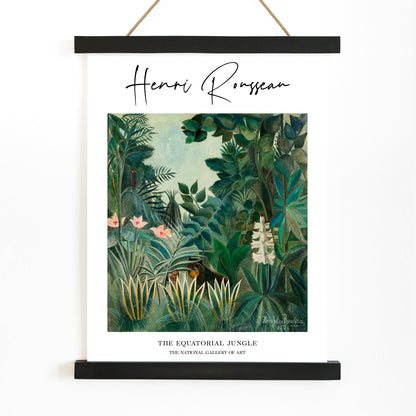 Lush green rainforest with exotic plants flowers and hidden animals inspired by The Equatorial Jungle painting by Henri Rousseau, with wooden magnetic frame on white background
