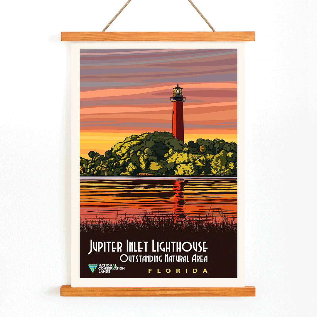Jupiter Inlet Lighthouse Outstanding Natural Area in Florida artwork and poster with sunset reflection on water and trees, with wooden magnetic frame on white background