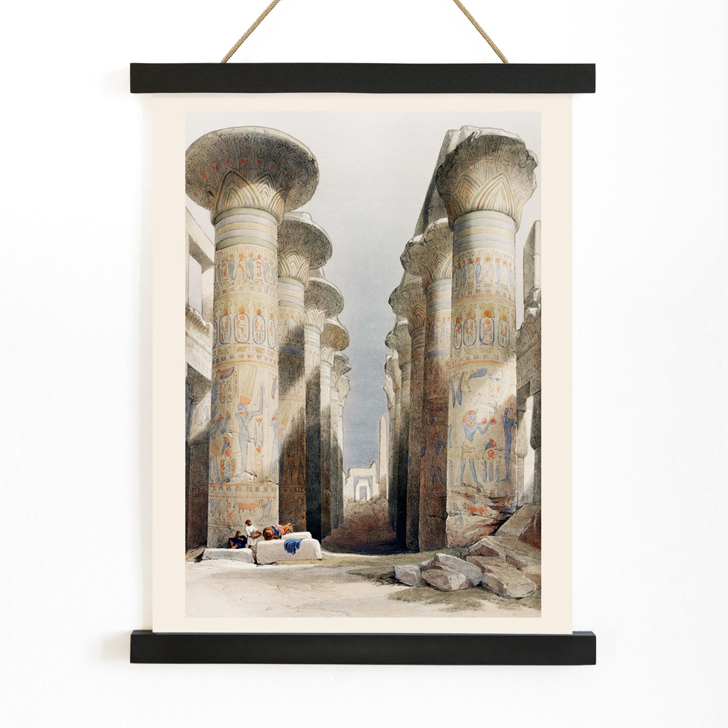 Ancient Egyptian columns and hieroglyphs in Great Hall at Karnak temple in Thebes artwork and poster illustration by David Roberts showing ruins, with wooden magnetic frame on white background