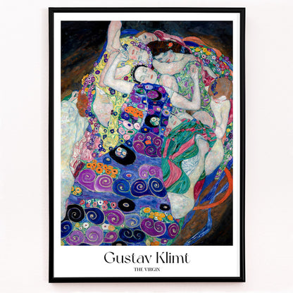 Closeup detail of Colorful abstract poster of The Virgin by Gustav Klimt featuring intertwined women in vibrant patterned fabrics and floral designs