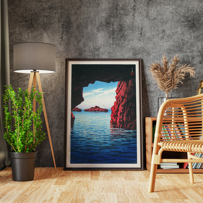 Kojaku Cavern Oga Peninsula sea cave with blue water and red cliffs vibrant sea cliffs and water by Kawase Hasui, framed and displayed in home decor