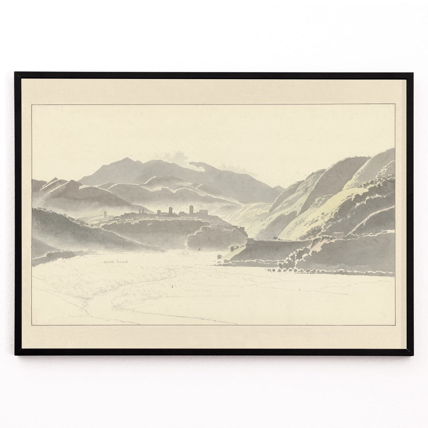 Closeup detail of Landscape of Cittaducale with hills mountains and distant town by Josephus Augustus Knip poster titled View of Cittaducale