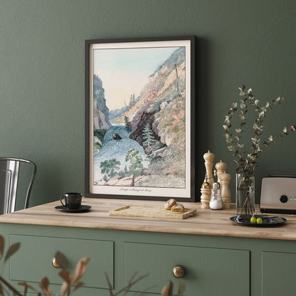 Portage in Hoarfrost River by Charles Hamilton Smith painting and poster showing a scenic river landscape with rugged cliffs trees and a serene rocky canyon, framed and displayed in home decor