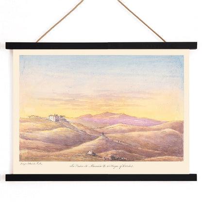La Fuen de Munia and Village of Cortes by Charles Hamilton Smith scenic landscape poster with hills and distant village, with wooden magnetic frame on white background