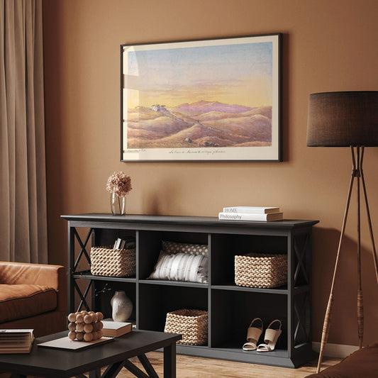 La Fuen de Munia and Village of Cortes by Charles Hamilton Smith scenic landscape poster with hills and distant village, framed and displayed in home decor