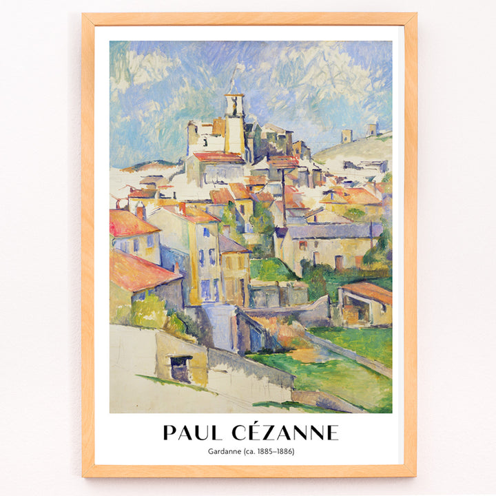 Closeup detail of Colorful village landscape painting and poster of Gardanne by Paul Cézanne featuring red roofed houses and bright sky
