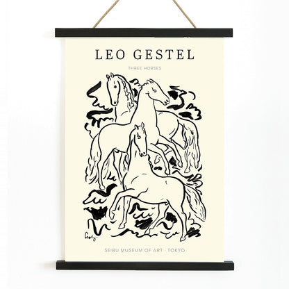 Three Horses by Leo Gestel black and white illustration of three horses in dynamic poses poster, with wooden magnetic frame on white background