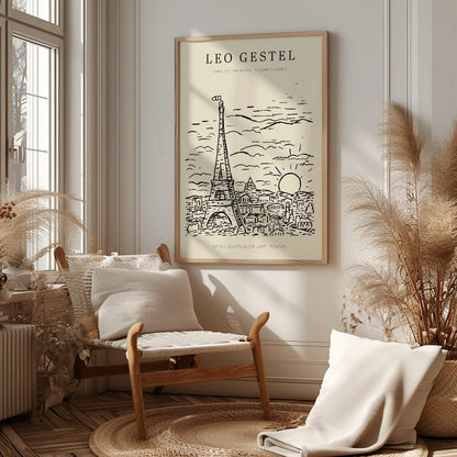 Artwork by Leo Gestel View of the Eiffel Tower in Paris sketch of Eiffel Tower and cityscape poster, framed and displayed in home decor