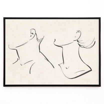 Closeup detail of Minimalist ink drawing and line art poster of man and woman necks by Hans Borrebach