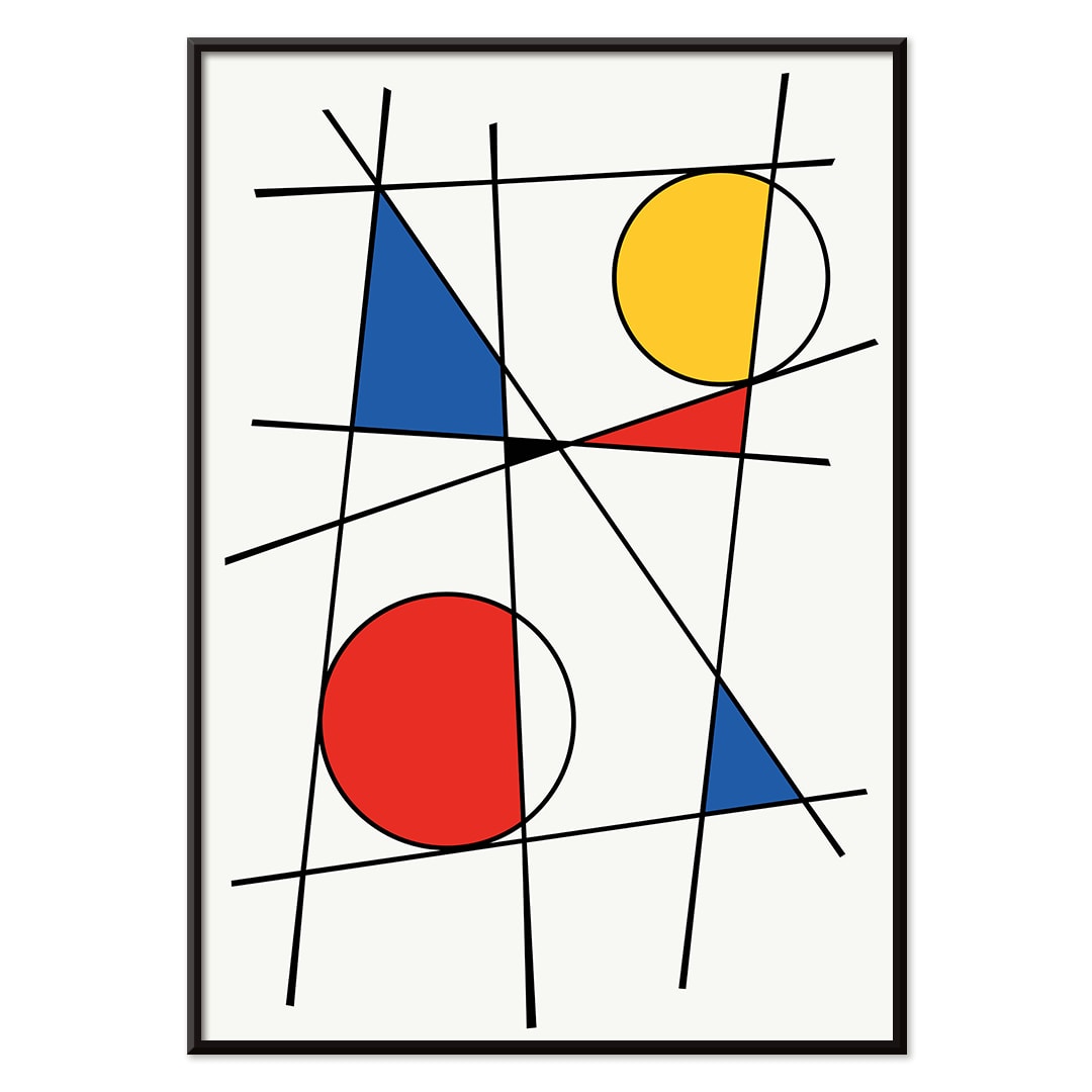 Colorful geometric shapes and intersecting lines in yellow red and blue abstract poster titled Geometric Lines and Colors 2 by Anonymous, with black aluminium frame on white background