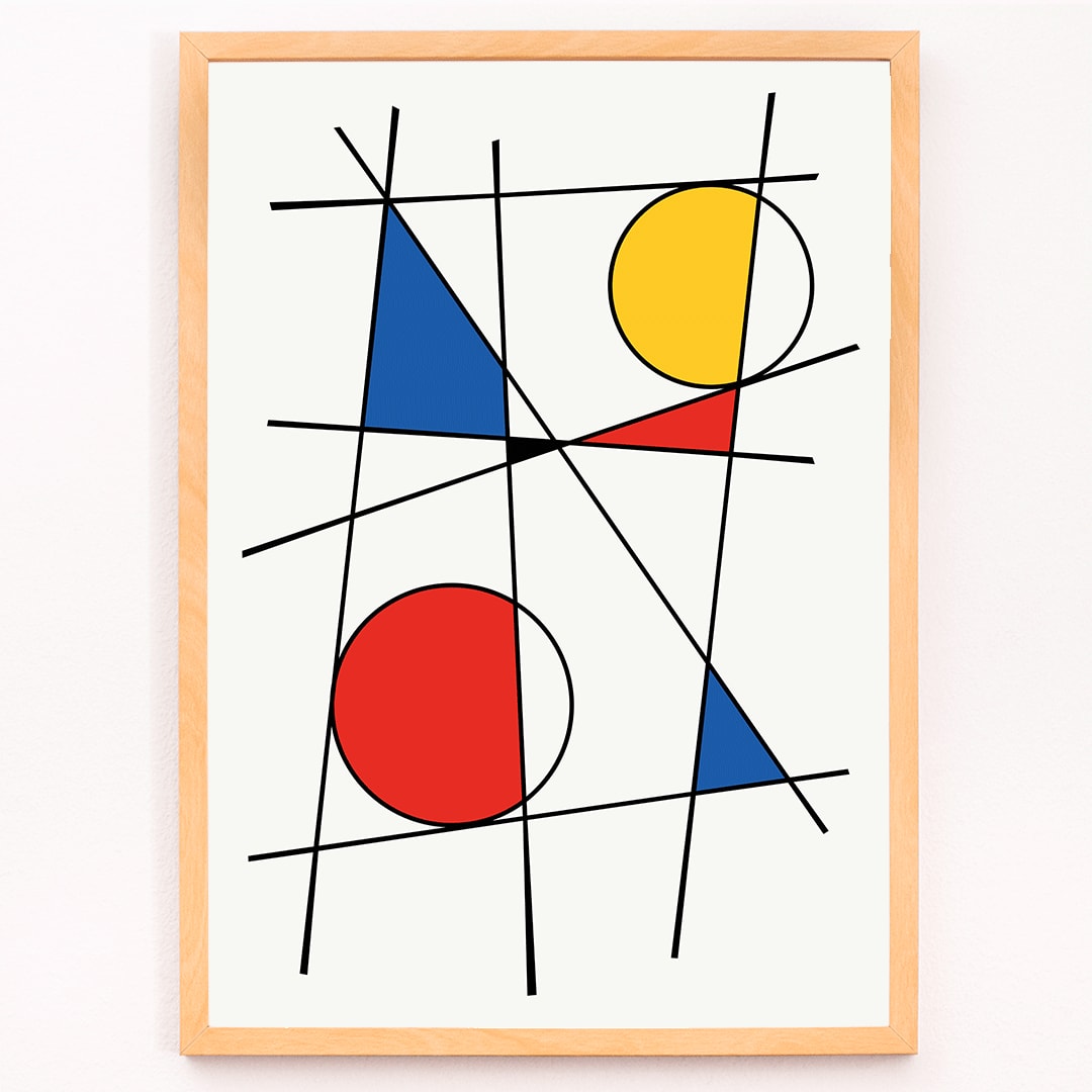 Colorful geometric shapes and intersecting lines in yellow red and blue abstract poster titled Geometric Lines and Colors 2 by Anonymous, framed and displayed in modern living room decor
