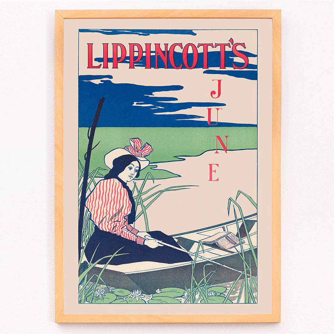 Woman boating on a serene river wearing a striped dress and hat surrounded by reeds and water lilies Lippincotts June by William Carqueville, framed and displayed in modern living room decor