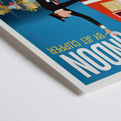 Closeup detail of Vintage Pan Am Airlines poster artwork featuring a flight attendant and double decker bus promoting travel to London by Jet Clipper