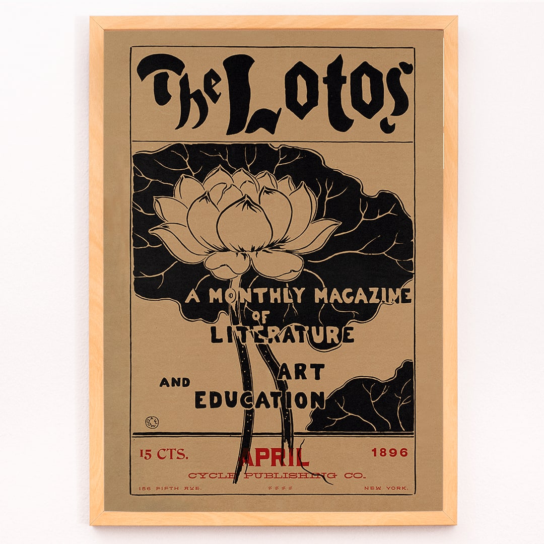 The Lotos monthly magazine cover and poster by Arthur Wesley Dow featuring lotus flower illustration and art education themed typography, framed and displayed in modern living room decor