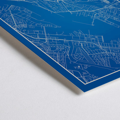 Closeup detail of Amsterdam minimalist map artwork poster in blue and white showing detailed city streets and waterways